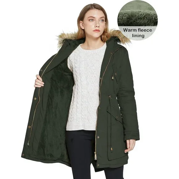 Women's Winter Thicken Fleece Jacket Fur Hooded Military Parka Coat